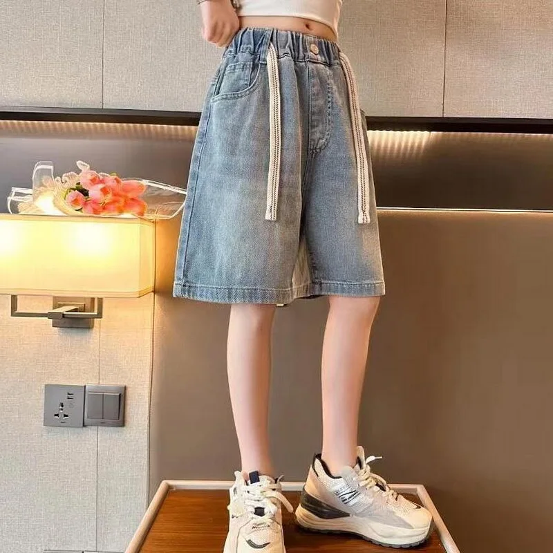 

Tween Child Summer Shorts 2025 Hot Sale Kids Denim Shorts with Drawstring for Teen Girl Elastic Waist Straight Leg Mini Jeans