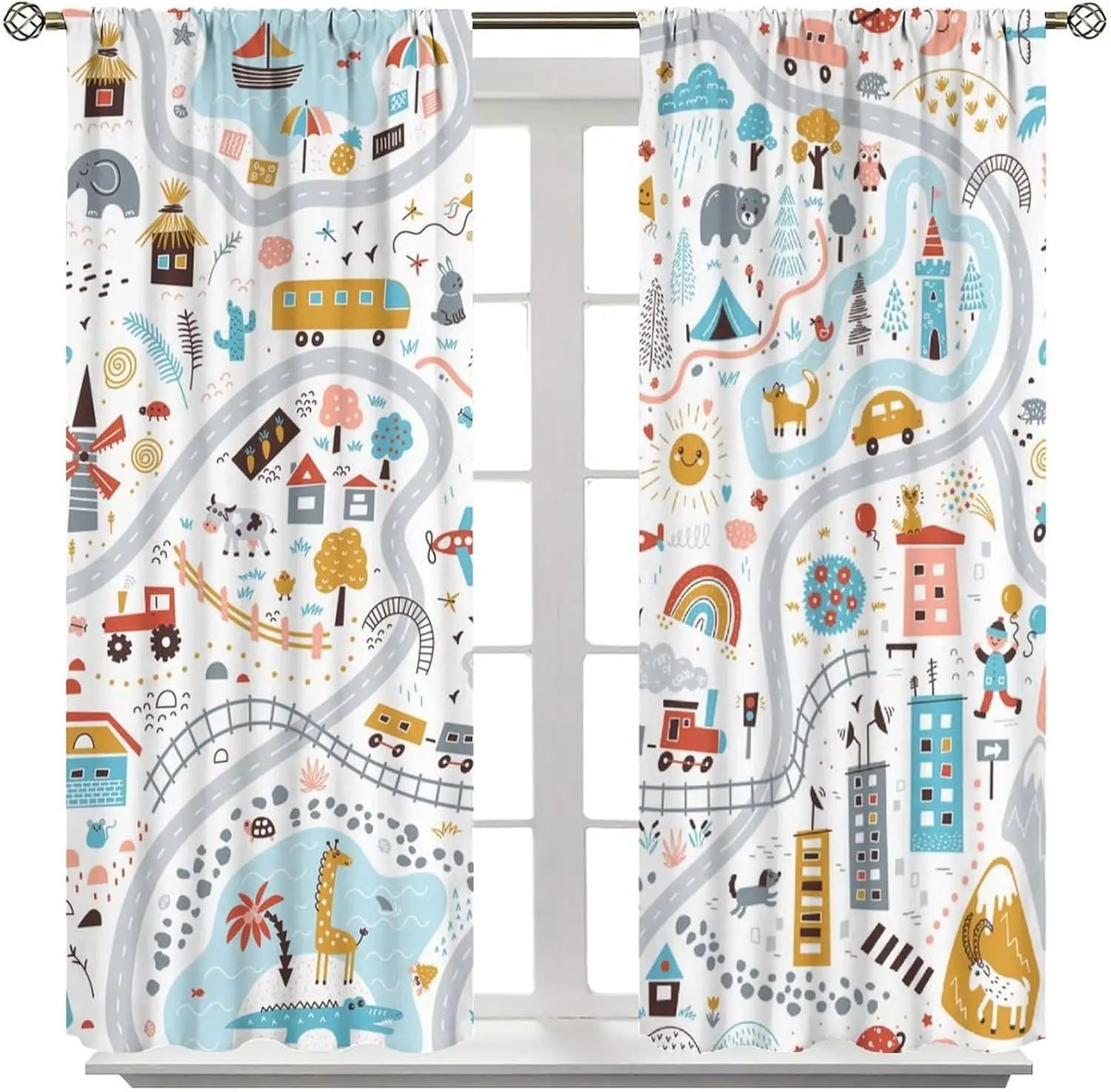 Cartoon City Traffic Map Curtains Kids Road Vehicle Print for Nursery Bedroom Window Decor
