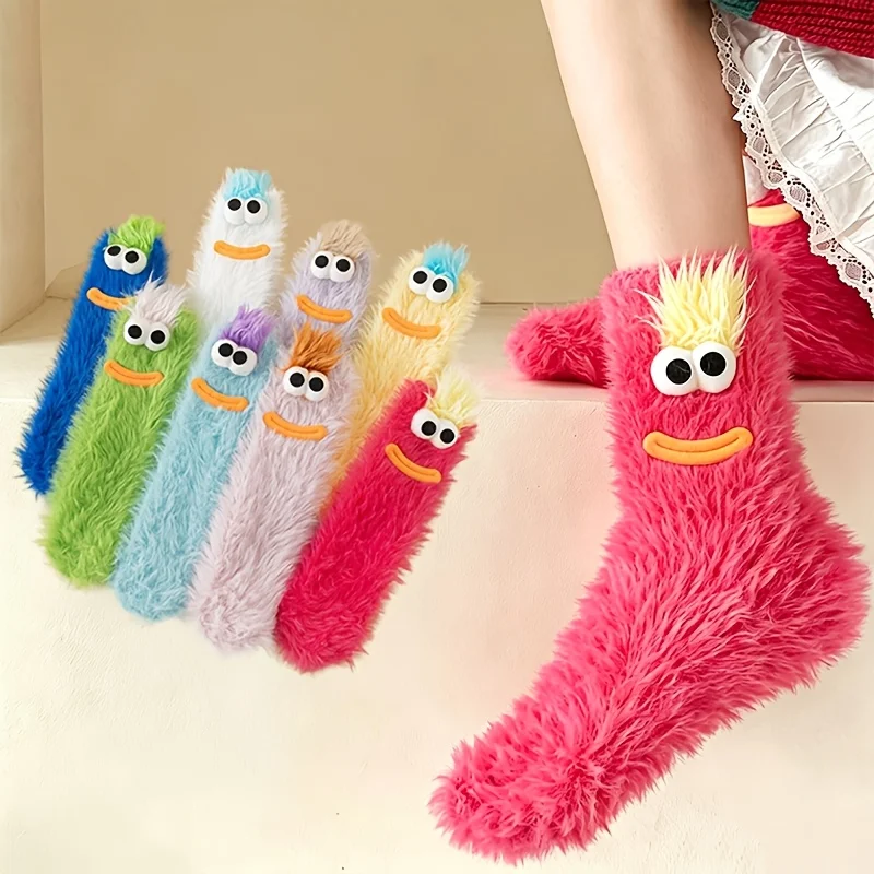 Random color 1/3 double set women's creative ugly and cute socks, fun and cute plush warm home socks