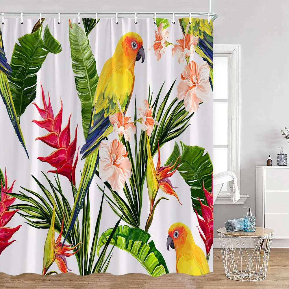 Parrots Hummingbird Shower Curtain Birds Tropical Leaves Modern Bathroom Decorations Polyester Fabric Bath Curtains with Hooks