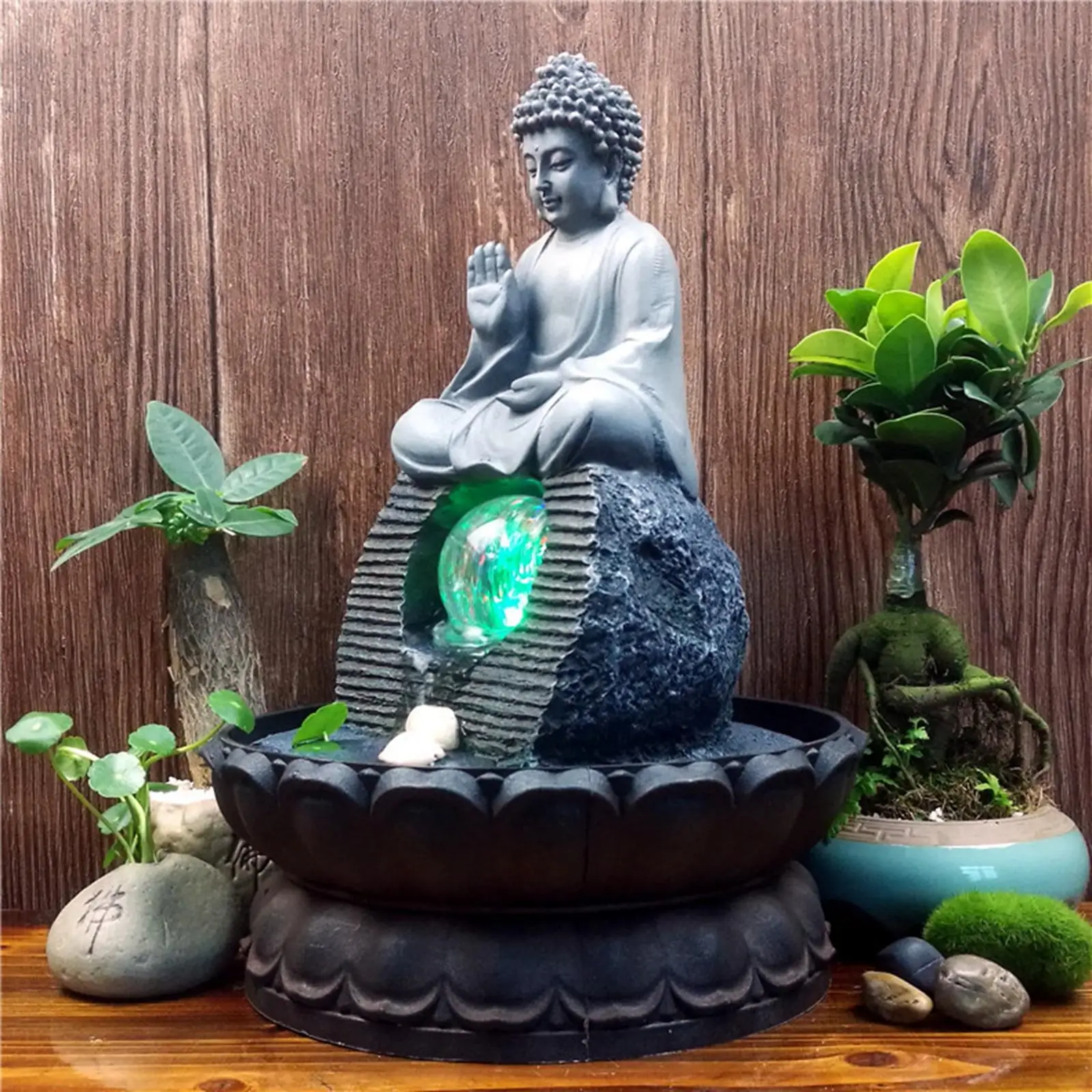 Resin Buddha Statue Water Fountain Waterscape Waterfall Meditation Feng Shui LED Office Desk Garden Decor Ornament