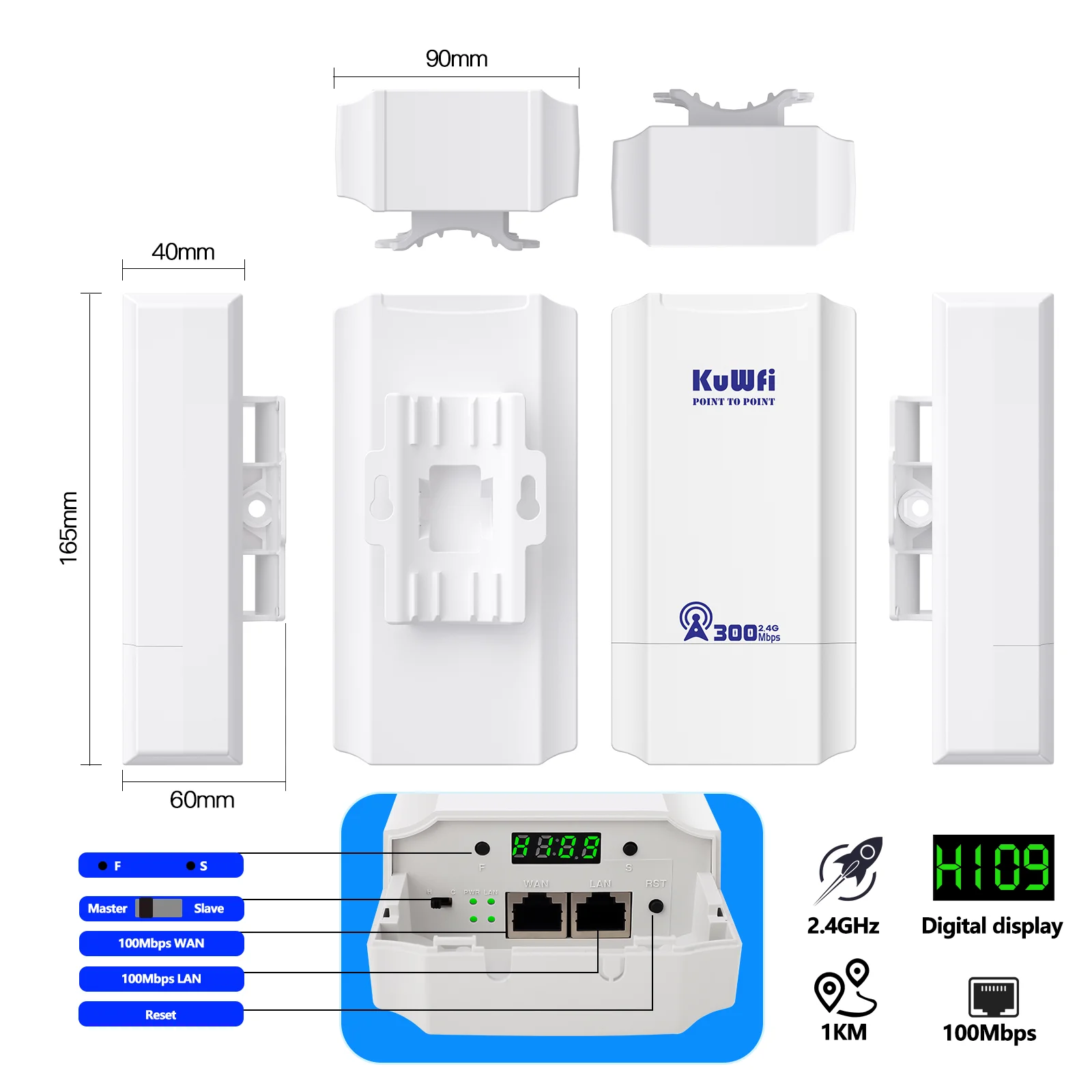 KuWFi-Pont CPE sans fil, 300Mbps, 2.4 mesurz, WiFi extérieur, point à point, jusqu'à 1km, extension de signal, prise en charge du mode répéteur I, 24V, POE