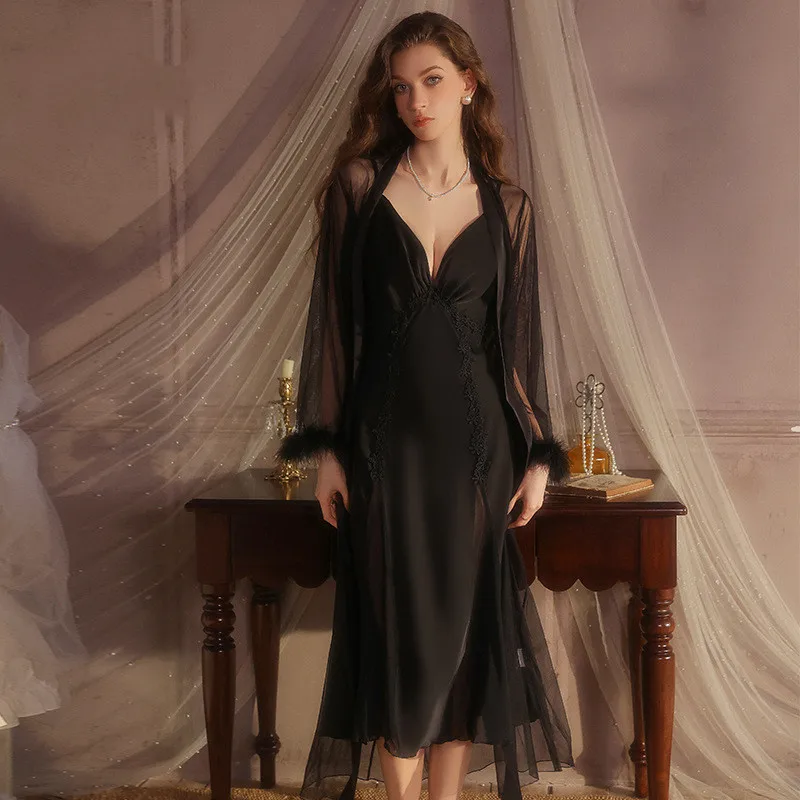 

Female Mesh Long Bathrobe Twinset Robe Set Sexy Lingerie Nightgown Home Dress Elegant Ice Silk Kimono Gown Sleepwear