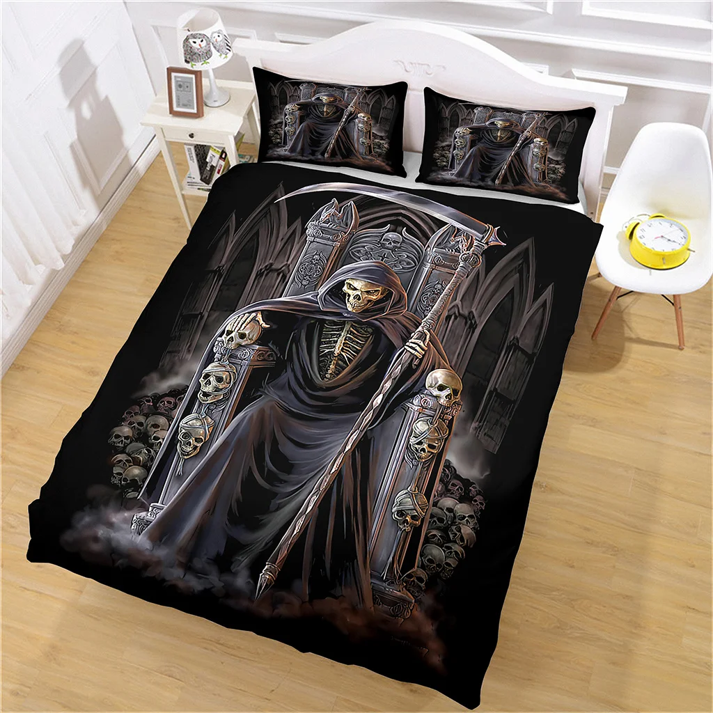 Custom Black Horror Skeletons Skull King Sit on the Throne Bedding Sets Single Double Bed Duvet Cover Set and 2 pcs Pillow cover