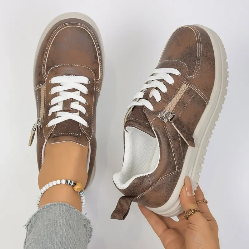 Women's Casual Platform Sneakers Metallic Glitter Lace Up Side Zipper Flat Walking Shoes Comfort Everyday Trainers for Ladies - view 2