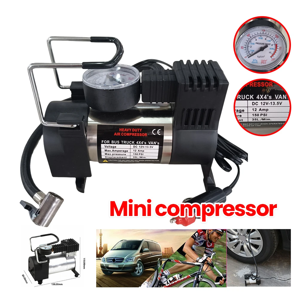 

Портативный автомобильный компрессор 12В 150/300 фунтов на кв. дюйм, усиленный, металлический, с цифровым манометром, для накачки шин