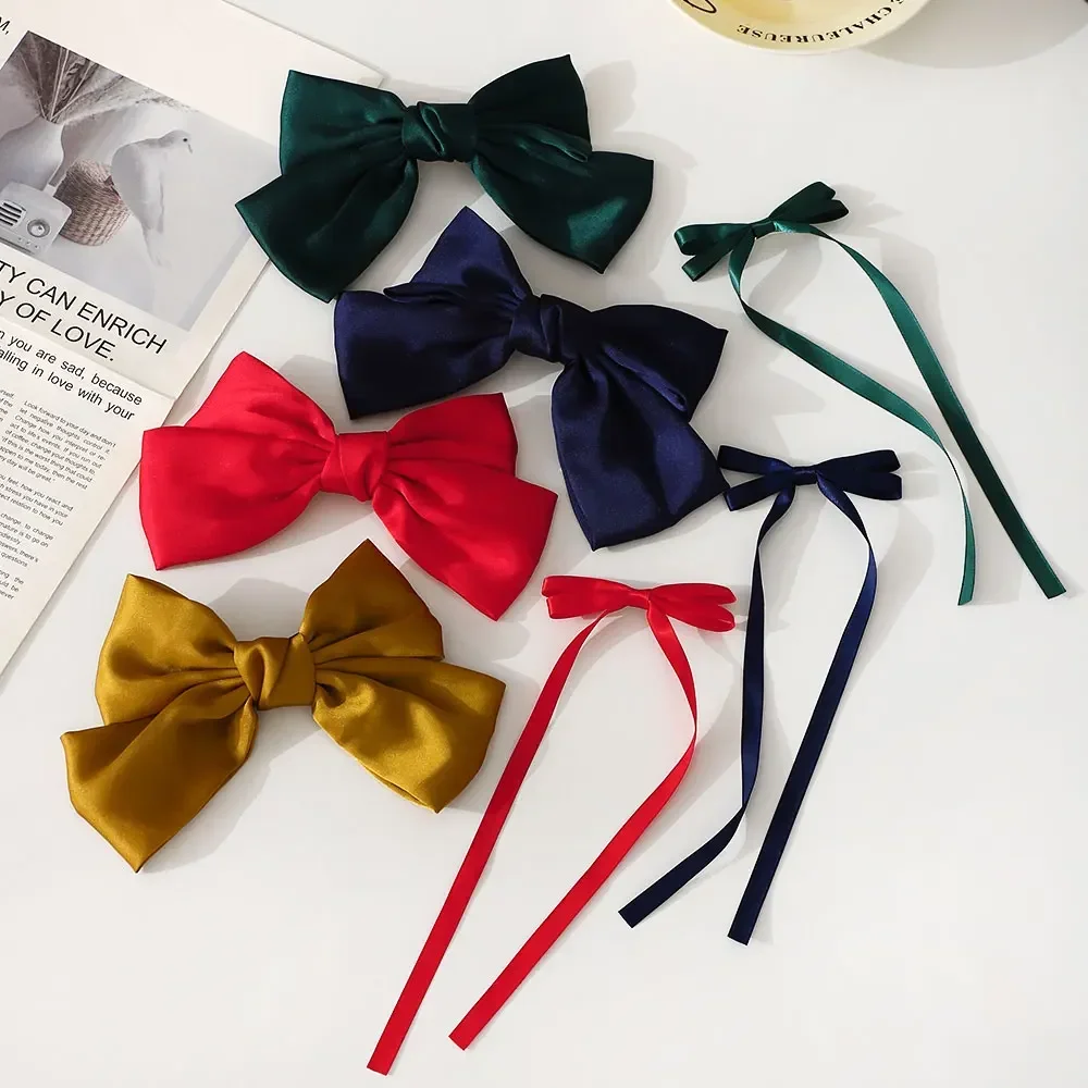 2Pcs/Set Lovely Ribbon Bow Hair Clip for Women Y2k Style Long Satin Ponytail Bowknot Hairpins Barrettes Hair Accessories