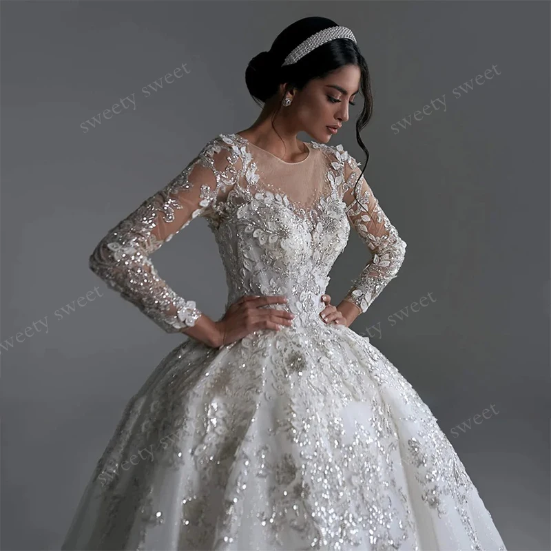 Luxury Wedding Dress Bead Organza With Embroidery Princess Ball Gown Full Sleeve O-Neck Customized Bride Button Vestido De Novia