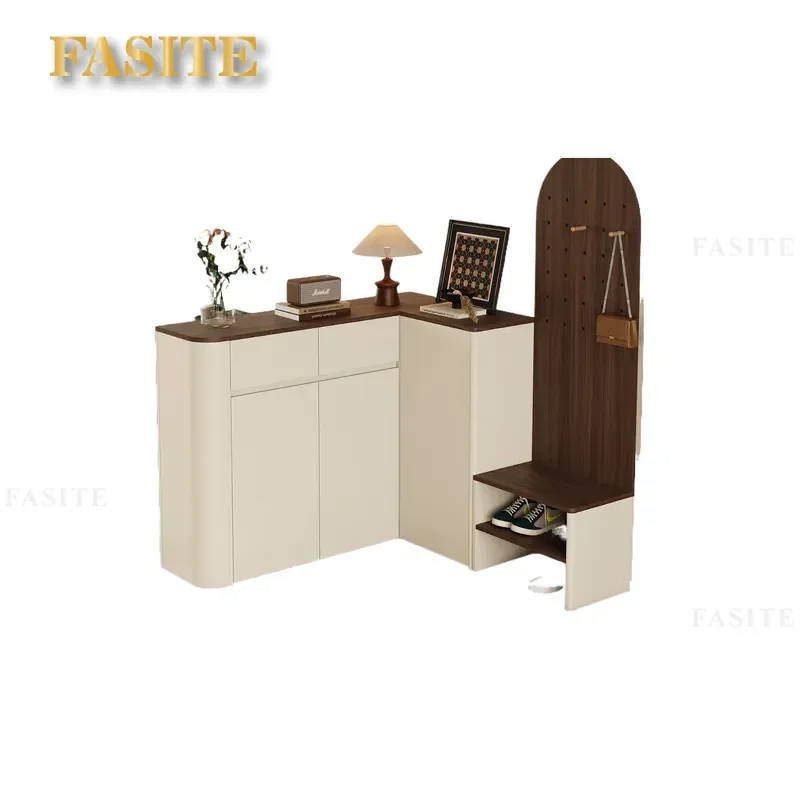 Medieval Style L-Shaped Corner Shoe Cabinet For Household Door Porch Living Room Partition Integrated Storage Locker Space