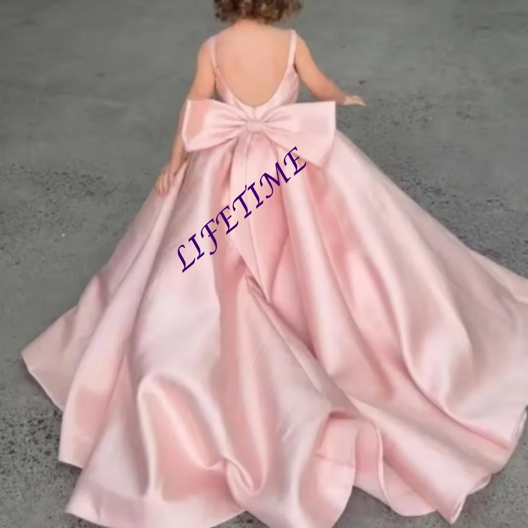 Prosta satynowa sukienka dla dziewczynki do sypania kwiatków, na ramiączkach spaghetti, do ziemi, z rękawami, urocze sukienki dla dziewczynek na Pierwszą Komunię Świętą, urodziny i przyjęcia.