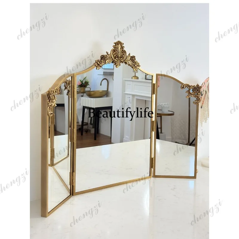 Brass carved French vintage bathroom, decoration, dressing tri-fold mirror, feng shui folding mirror