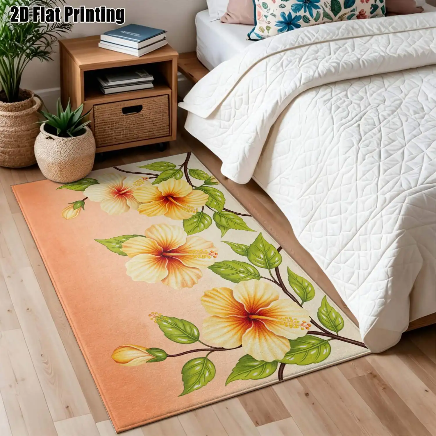 1Pc 2D Printed Warm Yellow Floral Nordic/Instagram Style Carpet, Modern Minimalist Vintage European Floor Mat for Home Decor, Multi-Size, Machine Washable, Suitable for Entrance, Dining Room, Foyer, Bedroom, Living Room