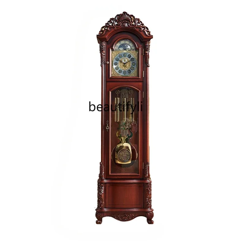 xxEuropean-Style Mechanical Floor Clock Living Room Villa Vertical Watch New Chinese Retro American Pendulum Clock