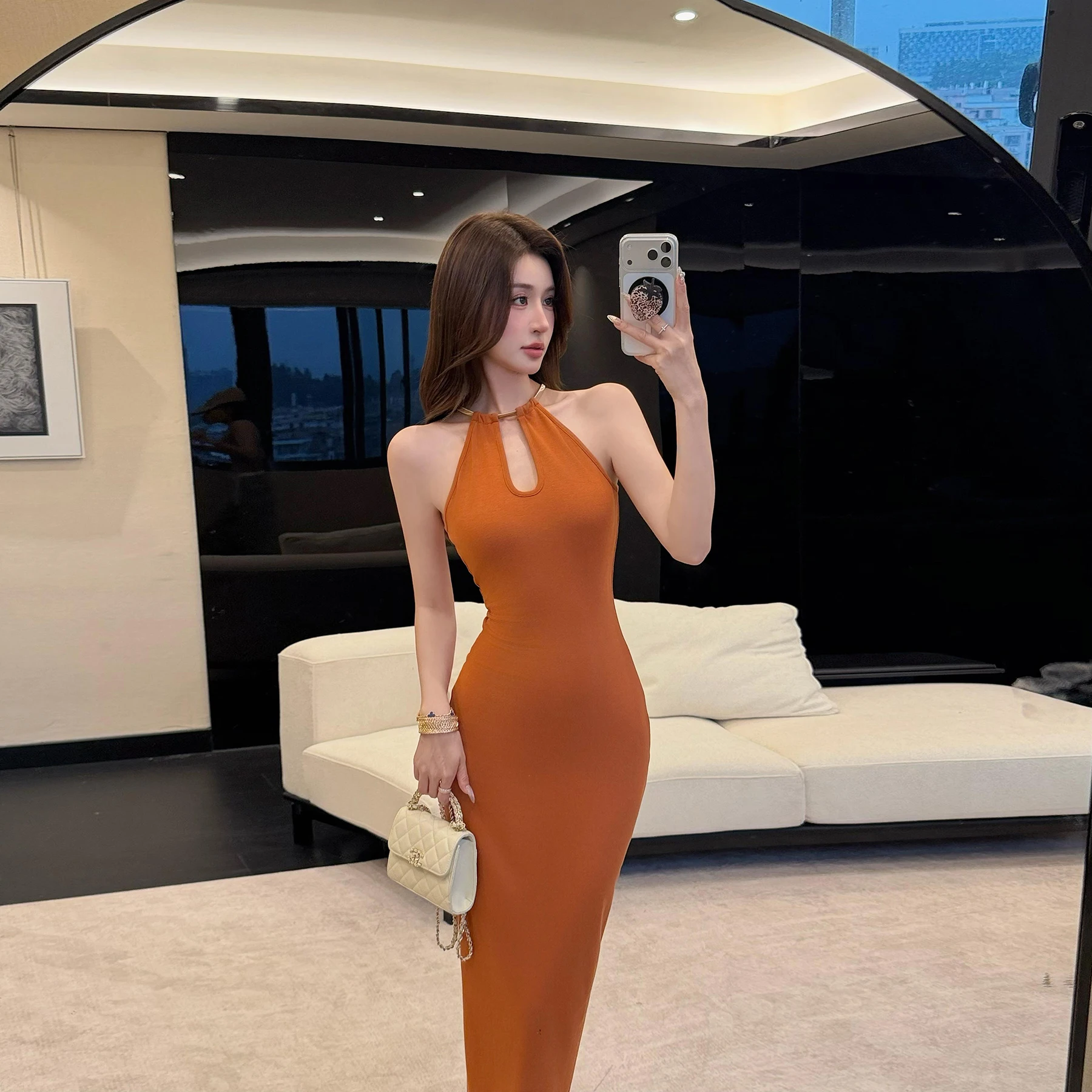 Sexy Elegant Women's Long Dress Neck Hanging Hollow out Back Slimming Waist Summer New Style Citywalk Standard Version H Type