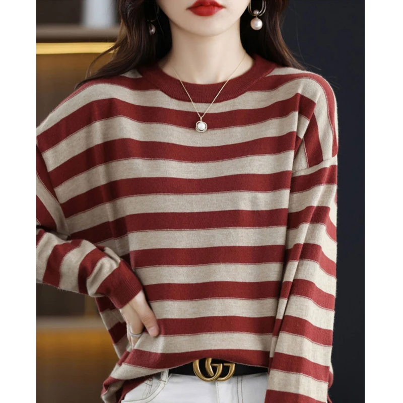 2022 Autumn Winter Korean Simple Striped Soft Basic Knitwear Jumpers Women Casual Round Neck Long Sleeve Pullover Tops Clothing