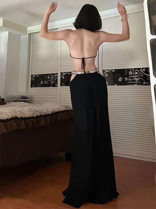 

Sexy Black Backless Hanging Neck Dress Women's Versatile Evening Gown Long Dress Striking Sensuality Sexy Style High Waist A-...