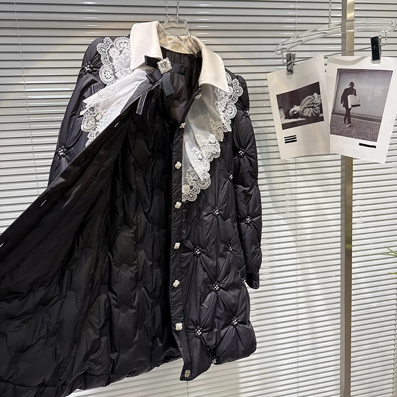 

Зимняя повседневная верхняя одежда средней длины на белом утином пуху, женская куртка на пуху с кружевом и цветочным жемчугом, женская толстая теплая водонепроницаемая куртка на пуговицах