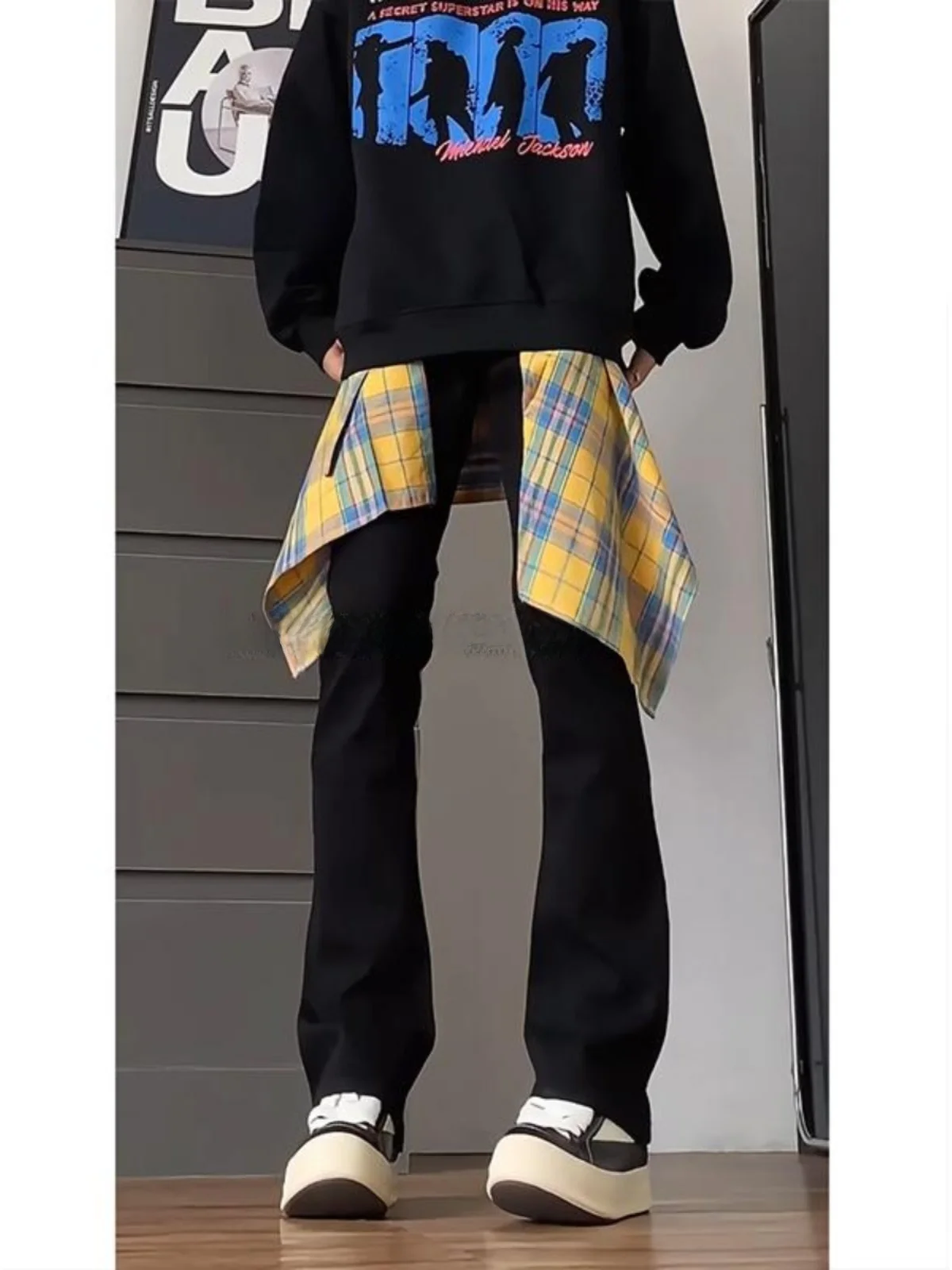High Waist Pure Bla Slim Fit Men's Jeans Knife  Straight Vibe High Street American Narrow Micro Flare Pants