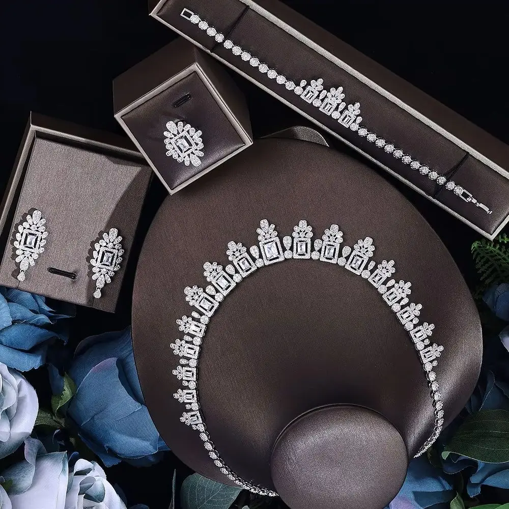

Luxury Crafts Zirconia Square Crystal Floral India Saudi Arabia Bridal Wedding Jewelry Set Women's Gift Prom Daily Accessory
