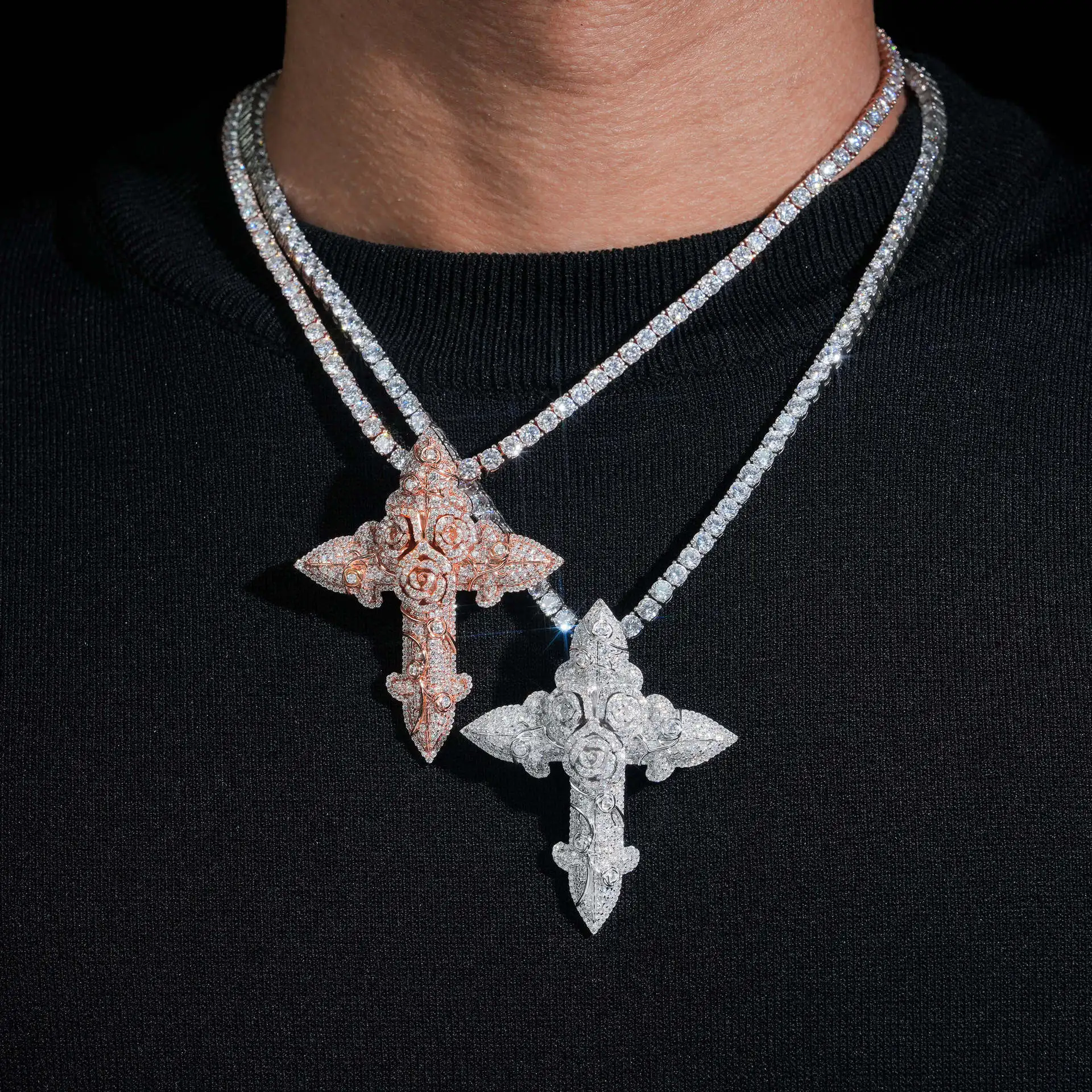 LYEE CYEE Floral Hip-Hop Cross: Dual-Tone S925 Silver & Rose Gold Moissanite Pendant. Iced-Out Crucifix for Bold Street Style.
