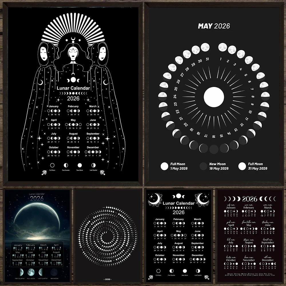 Wiccan Moon Calendar 2026 And Moon Phases Wall Art Canvas Painting,2026 Lunar Phases Black And White Art Poster Print Decoration