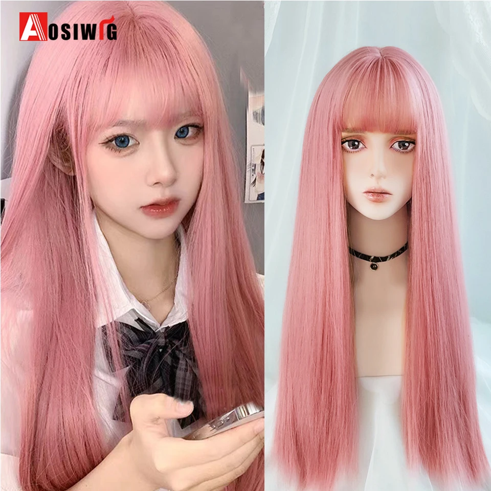 Ombre Synthetic Cosplay Lolita Wigs With Bang Pink Blue Blonde Red Long Straight Halloween Wig For Women's Heat Resistant Fiber