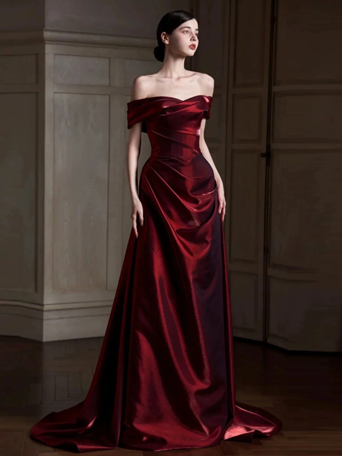 

Wine Red Celebrity Dresses A-Line Floor Length Off The Shoulder Sleeveless Soft Satin Red Carpet Wedding Banquet Prom Gowns