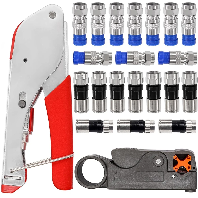 1 set Coax Cable Crimper Tool Kit with 20PCS Black and Blue F Style RG6 Compression connectors, Coaxial Cable Stripper