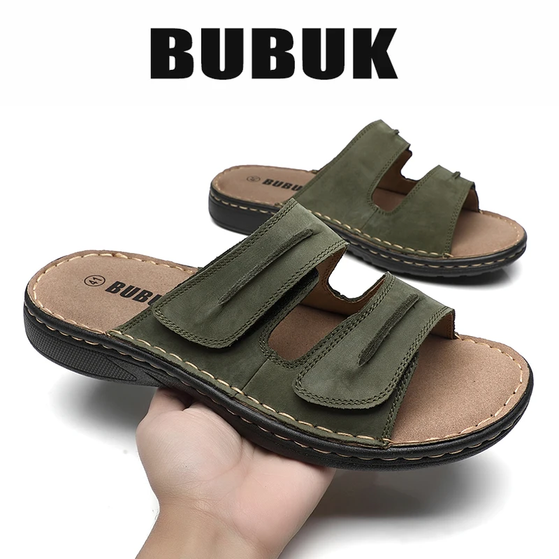 Bubuk Herren-Hausschuhe aus echtem Leder, lässige Outdoor-Sandalen, Sportschuhe, Strandschuhe, hergestellt aus hochwertigem Rindsleder, mit komfortablem offener Zehenpartie, geeignet für lässiges
