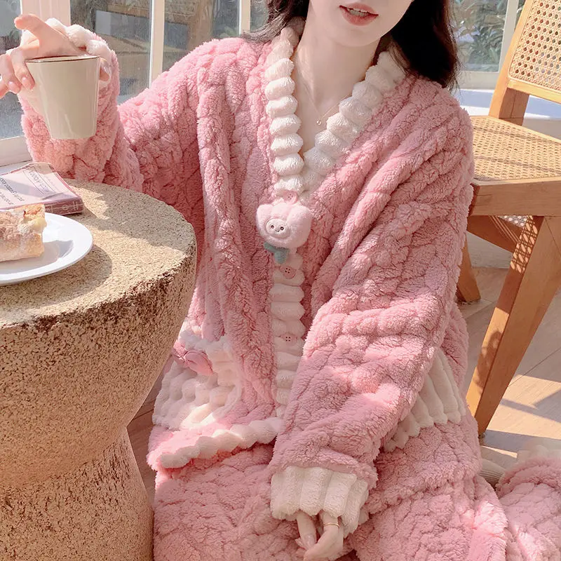 

Pajama Lady Autumn Winter Thickened with Velvet Coral Velvet Cute Little Fragrance Girl Flannel Warm Home Suit Set pijama women