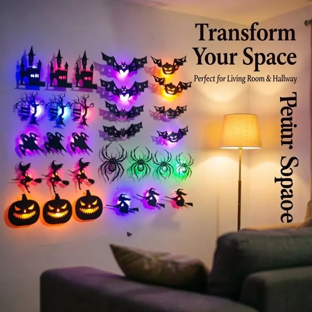 PVC Halloween Wall Stickers 3D Effect Halloween Theme 3D Wall Decals Hollow Cutout Festive Style Night Light Stickers