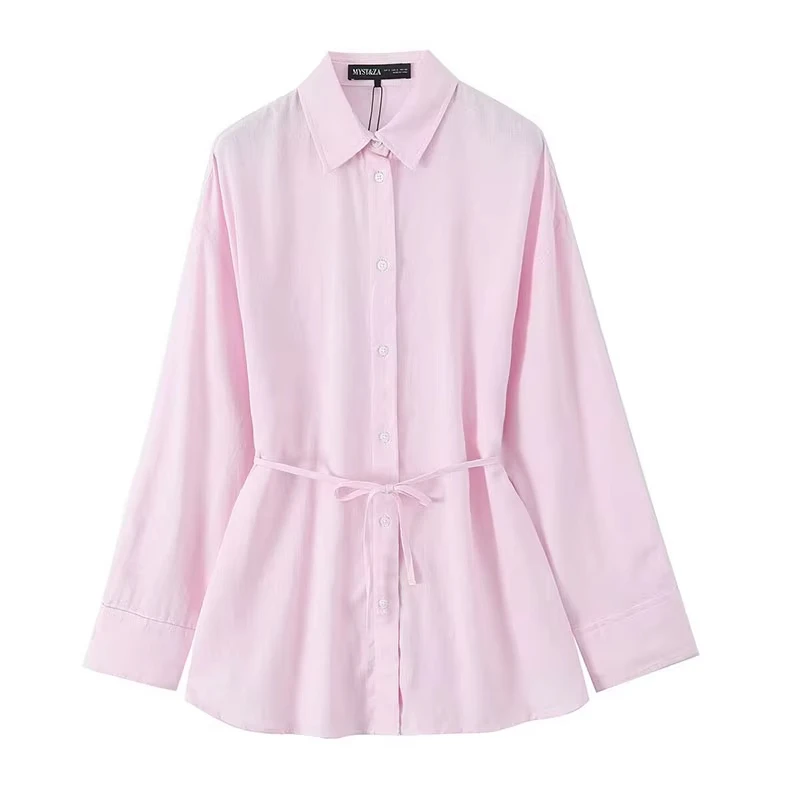 

Women Oversize Shirt With Belt Spring Casual Linen Blend Long Sleeve Simple Female Shirts Women's Button Shirts & Blouse