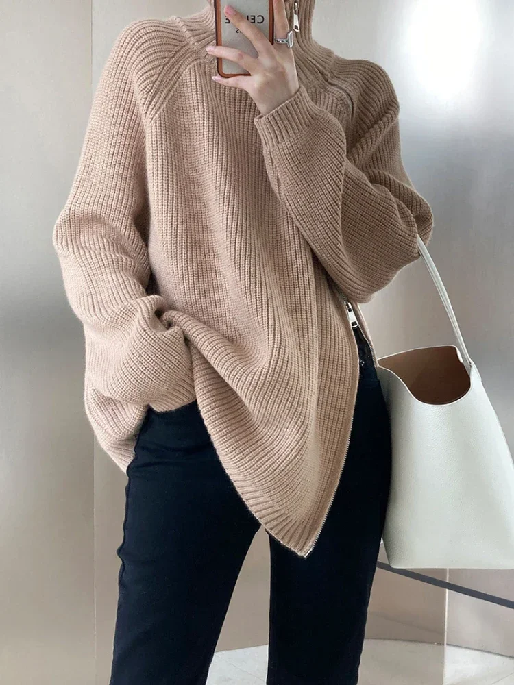 Double Zipper Grey Turtleneck Fashion  Loose Fit Casual Long Women Sweater Woman Simplicity Oversize Retro White Pullover Women