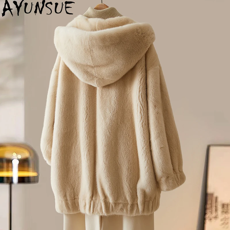 AYUNSUE Real Fur Coat Women Clothes Warm Natural Mink Womens Coats Hoodie Winter Jacket 2025 New in Outerwears Шуба Женская
