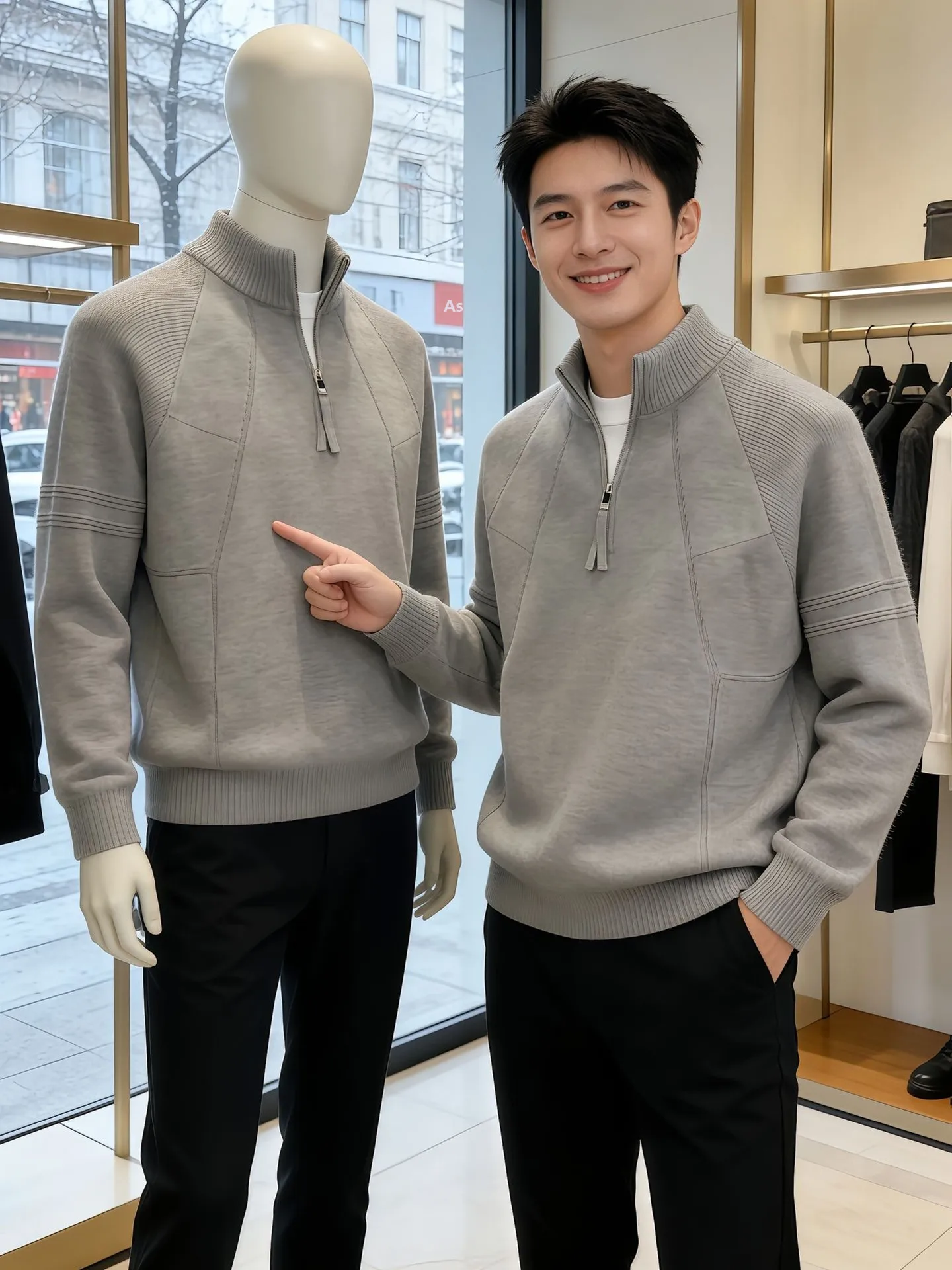 

Thiened f Zipper Stand Collar Sweater Men's Autumn Winter Light ey Inner Wear Base irt American Knitted irt