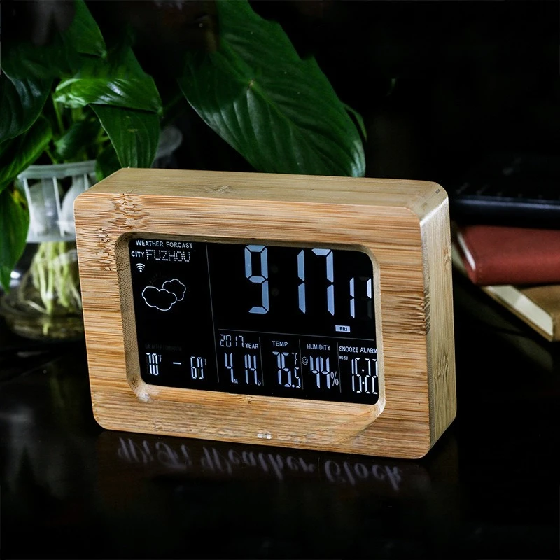 Smart alarm clock, weather forecast, automatic timing alarm clock, solid wood, digital display