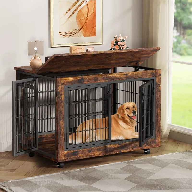 

Extra Large Dog Crate Furniture with Top-Access Teasing/Feeding Door,Moveable Furniture-Style Pet Cage with Wheels Double Doors