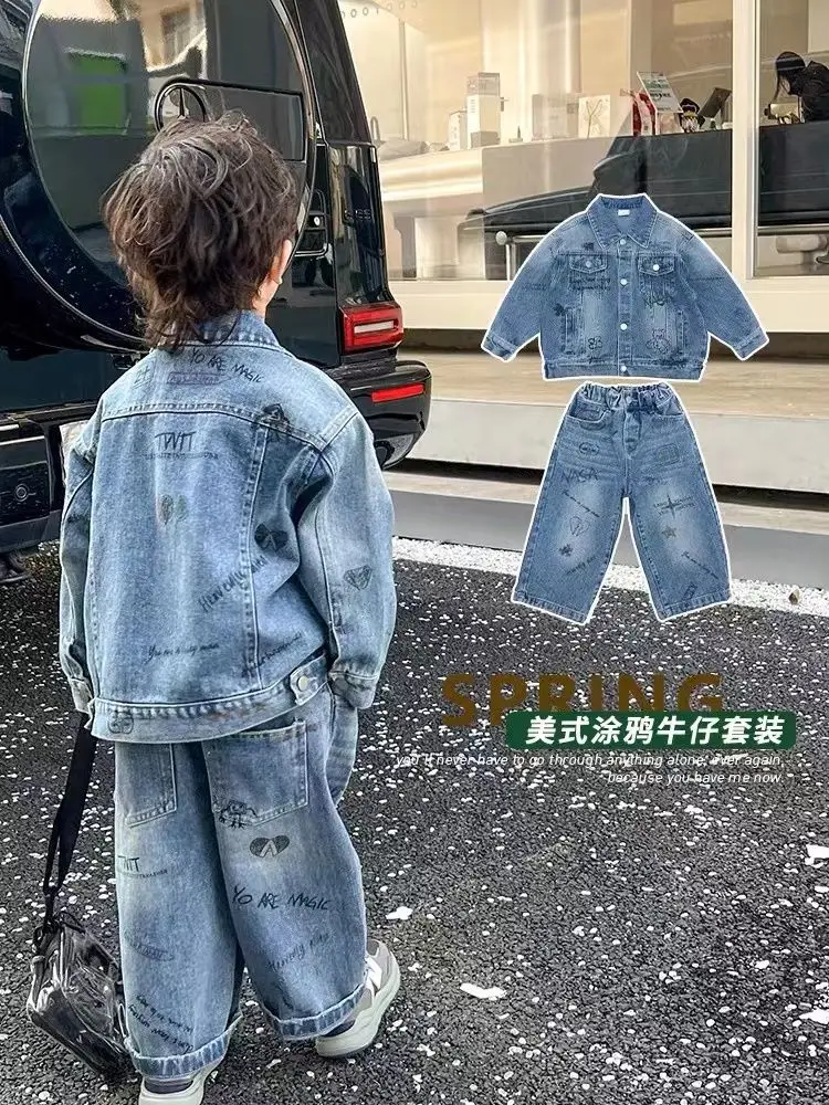 Baby Boys Denim Children Denim Coat Spring Autumn Kids Fashion Girls Jean casual Letter Blue Jacket+Pants 2Pcs Set Streetwear