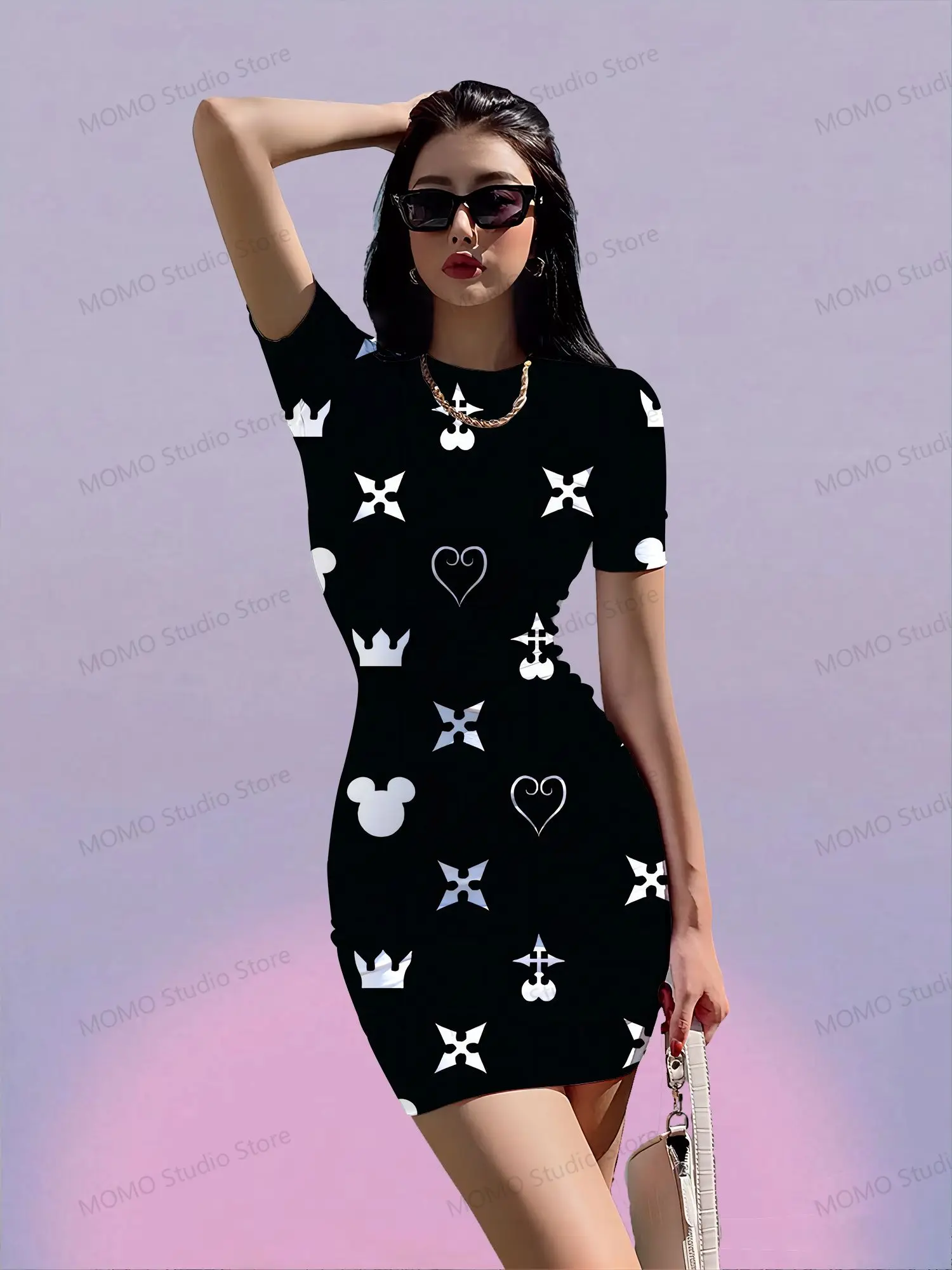 

Women's Short Sleeve Hip Dress Kawaii Disney Mickey Mouse S-3XL Summer O Neck 2024 Sexy Dresses Y2k Fashion New Elegant Ladies