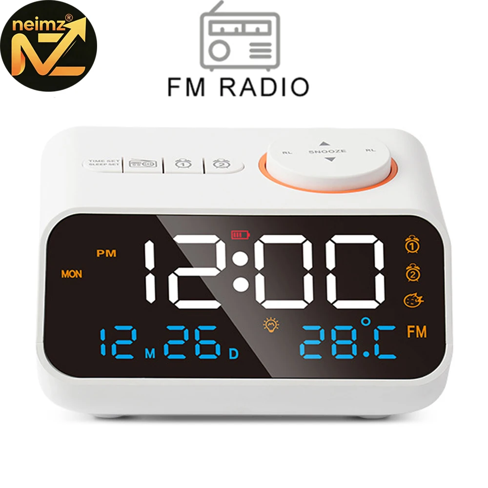 Mordern FM Radio LED Alarm Clock for Bedside Wake Up. Digital Table Calendar with Temperature Thermometer Humidity Hygrometer.