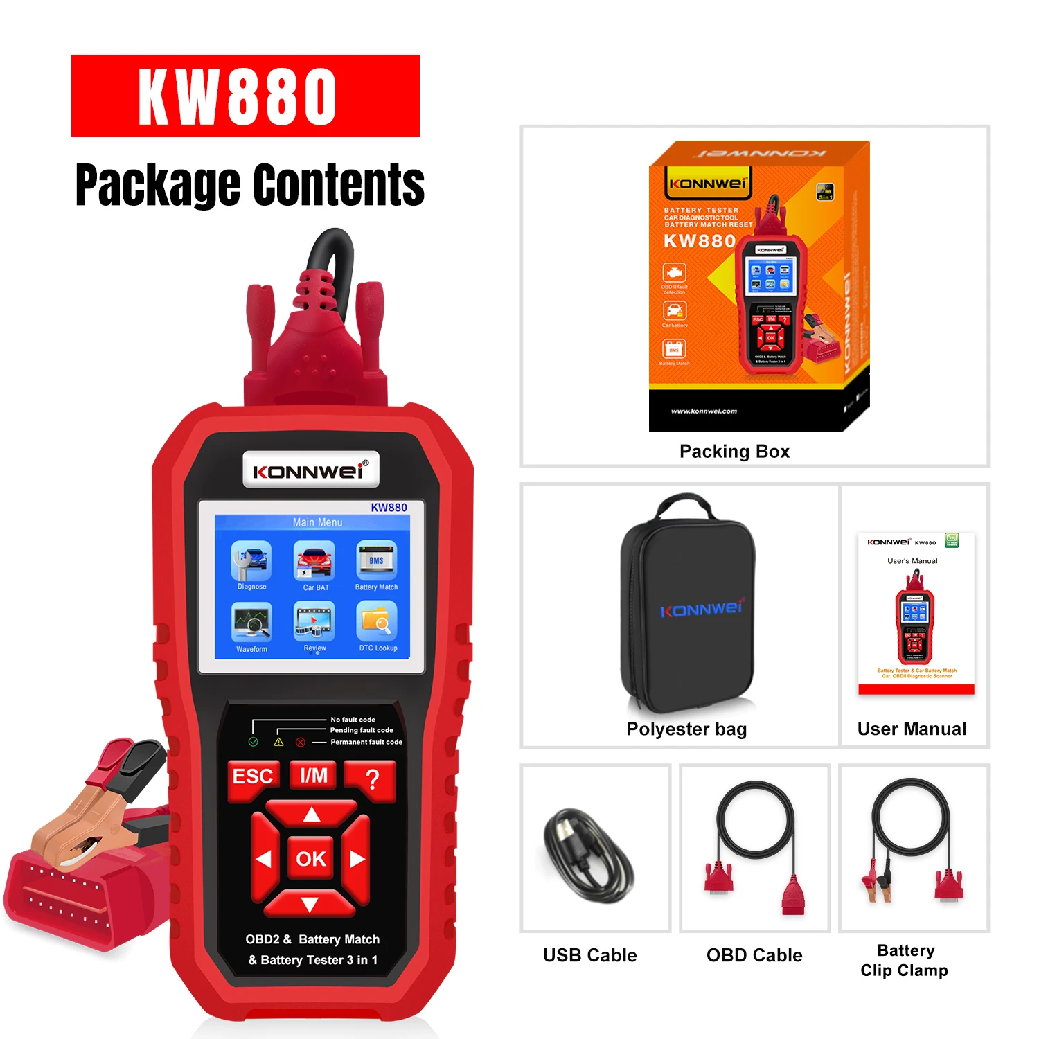 KONNWEI KW880 12V Car Battery Tester Analizer Auto Diagnostic Tool Battery Match 3 in 1 Car OBD2 Scanner Full OBD2 Function