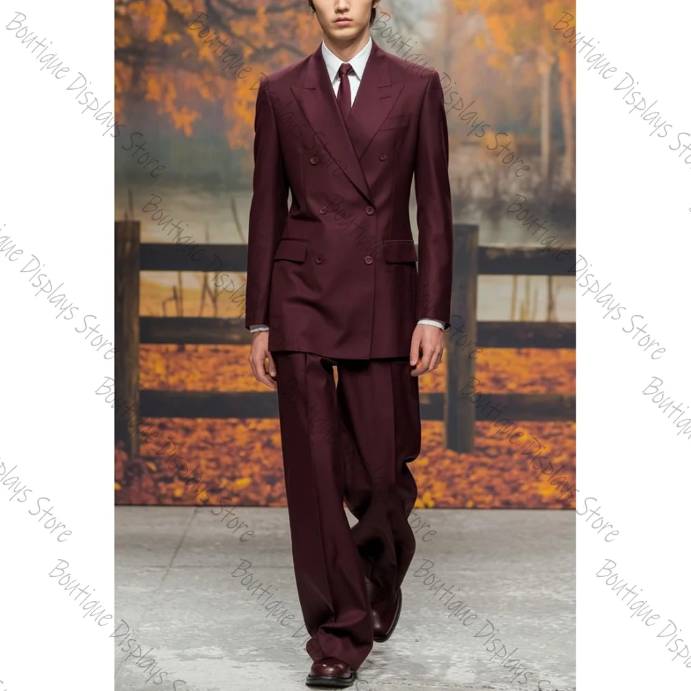 Loose Burgundy Show Double Breasted Men Suit Two Pieces(Jacket+Pants) Outfits Casual Party Prom Wedding Set