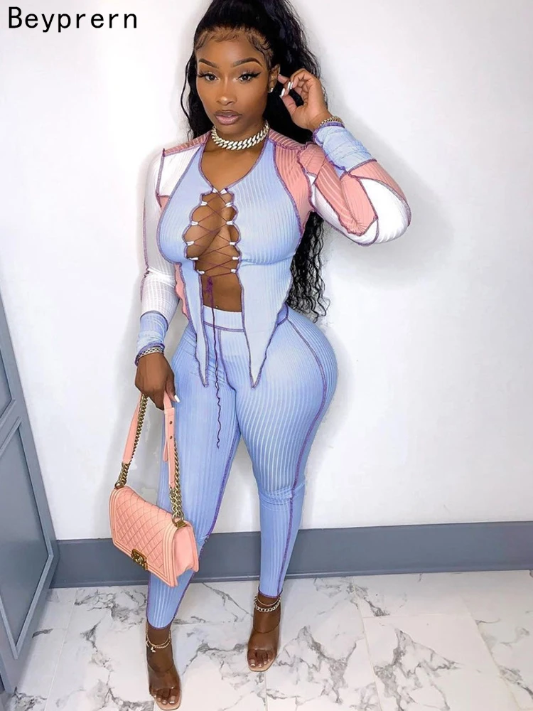 

Beyprern модный вязаный укороченный топ с длинными рукавами на шнуровке и брюки в тон, женский спортивный костюм в рубчик, комплект клубной одежды