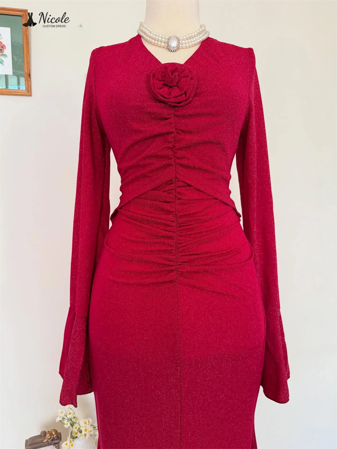 

Nicole Line A Robe Soiree V-neck Luxurious Women's Evening Dresses Woman Elegant Party Dresses 2025 Custom Made Red Long Sleeves