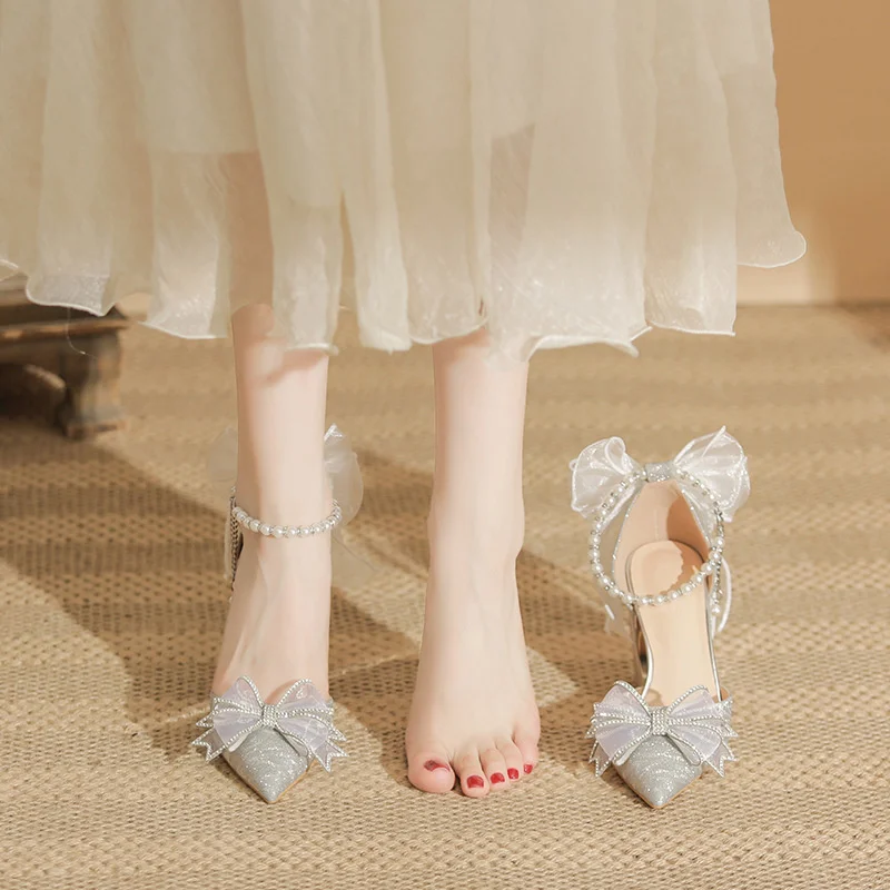 Spring Pointed Toe Party Woman Wedding Shoes Bride Bow Thick Heel Silver Sequin Fairy  Lolita Style Single Shoes