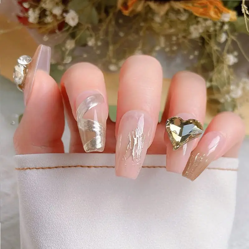 Grand strass pour ongles en verre 3D irrégulier, rose, or clair, Super brillant, breloques carrées d'amour, scintillantes, artisanat de manucure, 50 pièces