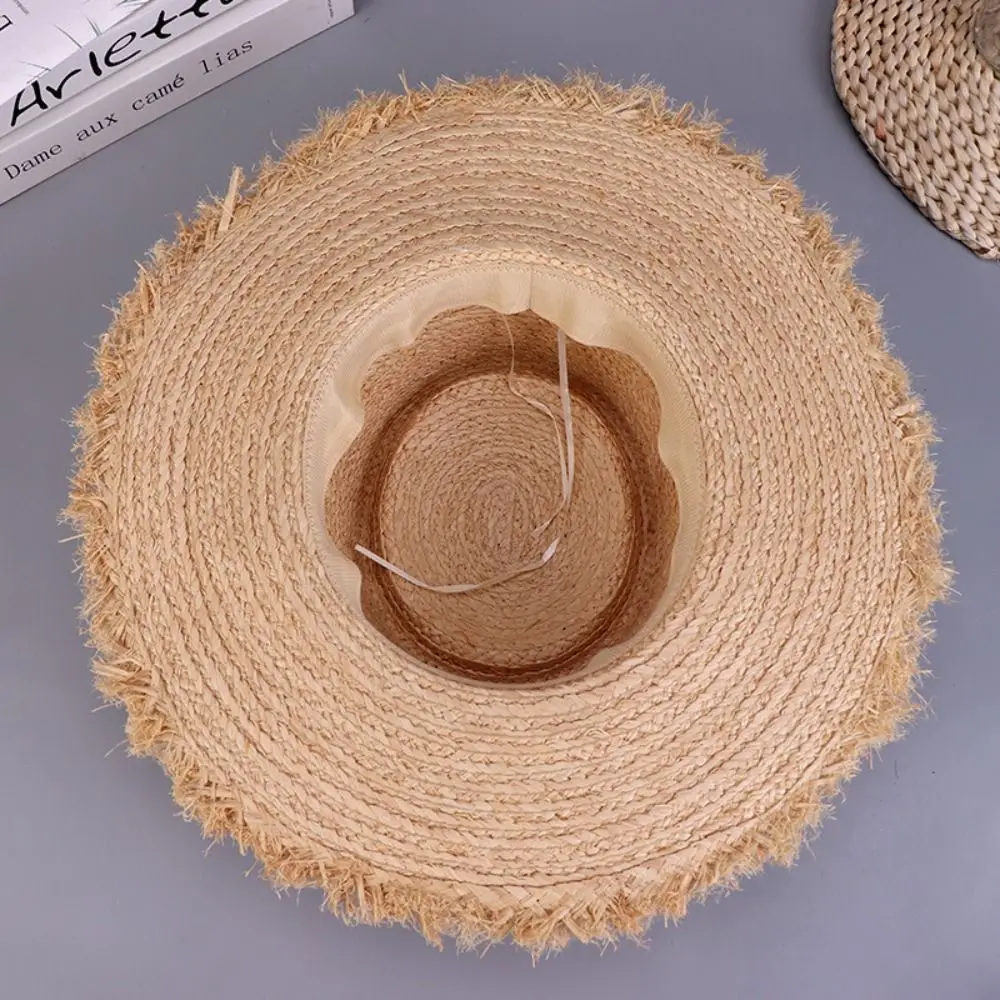 Wide Brim Sun Hats Casual Flat Top Bowknot Straw Hats UV Protection Sun Protection Panama Cap Summer