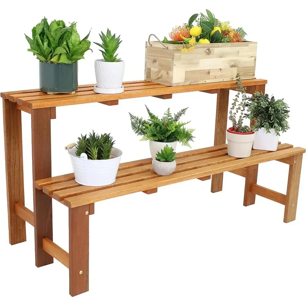 For  24-Inch 2-Tier Meranti Wood Outdoor Plant Stand with Teak Oil Finish, Plant Shelves