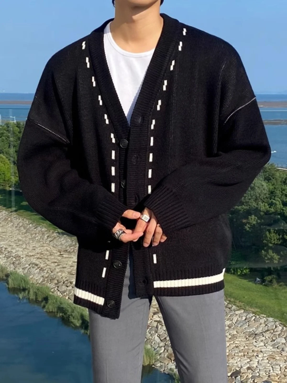 

Korean Sle V-Ne Open Cardigan Sweater Men's Loose Faion Casual Outerwear Knitted Coat Winter New Arrival Street Sle