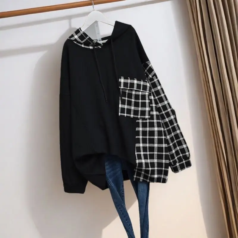 Women Hoodies 2026 Korean Style Plaid Patchwork Sweatshirts Fashion Spring Autumn Casual Pullover Tops